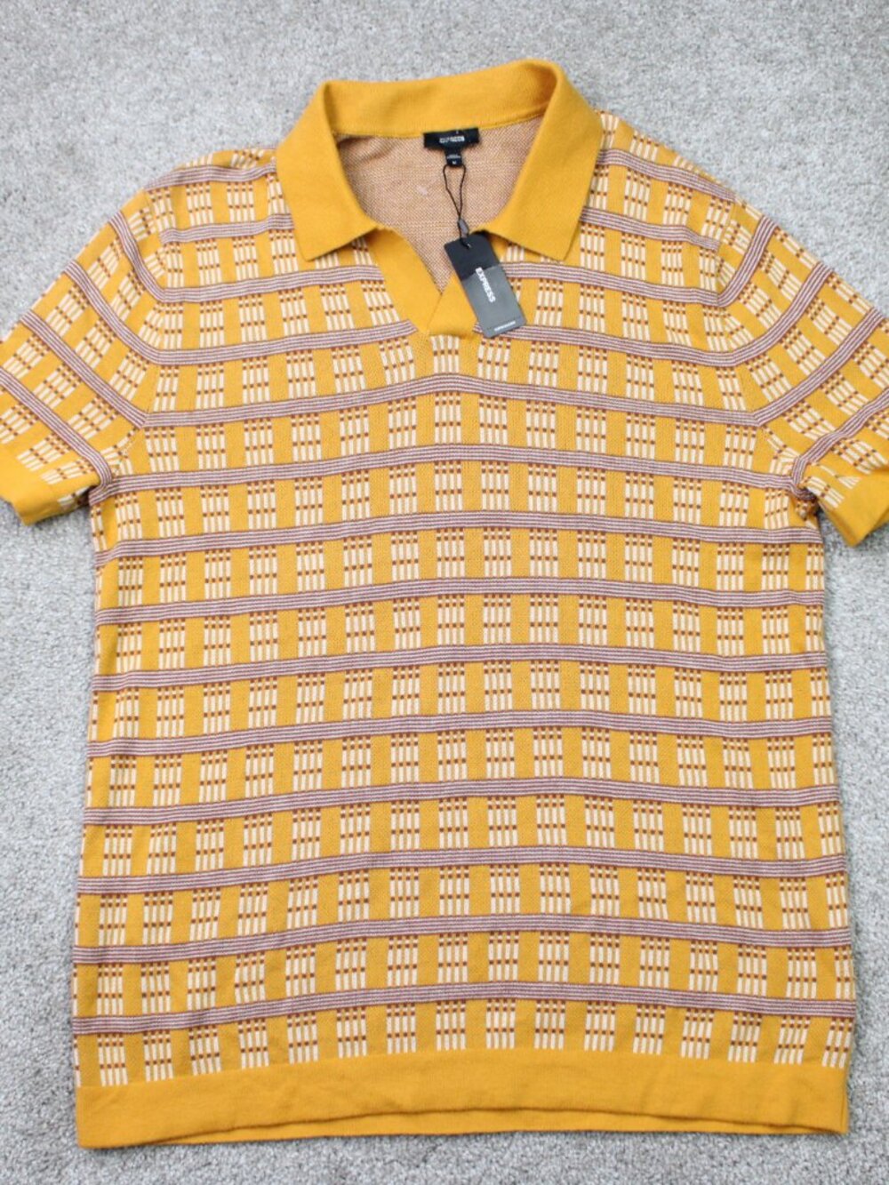 Express Polo Shirt NWT Mens Medium Yellow Geometric 100% Cotton Short Sleeve